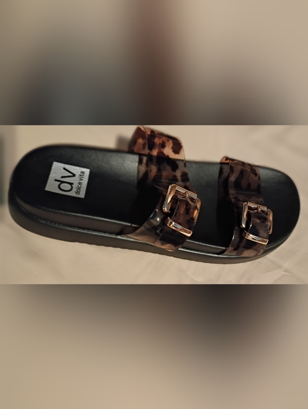 DV Dolce Vita Ubar Black & Leopard Clear Double-Buckle Slide Sandals -  Women 10 - Picture 4 of 7